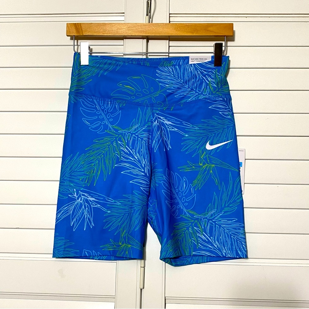 NWT Nike One Monstera Leaf Blue Women's Biker Dri-Fit Training Bike Shorts Tight - Picture 1 of 6